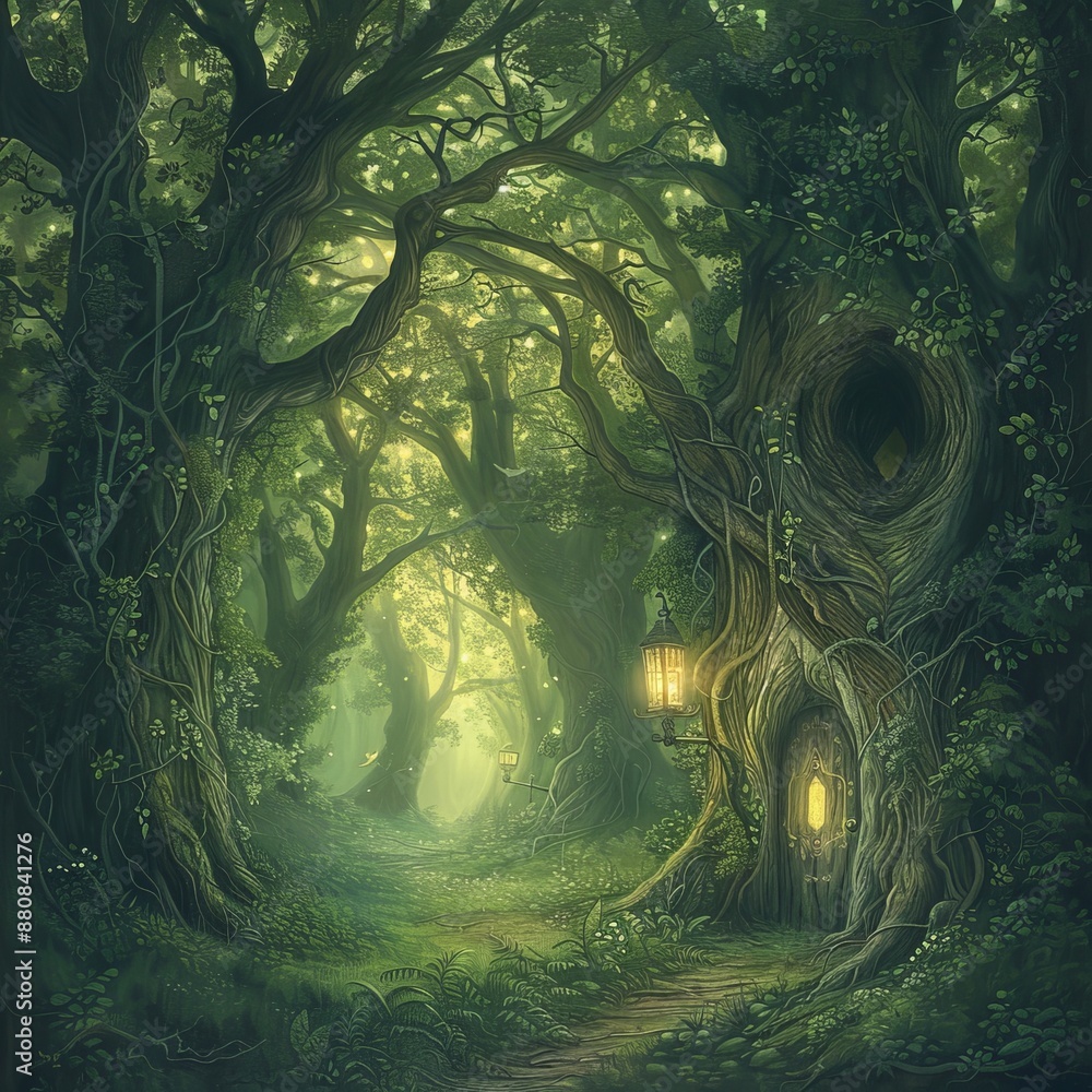 Wall mural the portal of a magic dimension is made of tree branches in a shady green forest. three-dimensional 