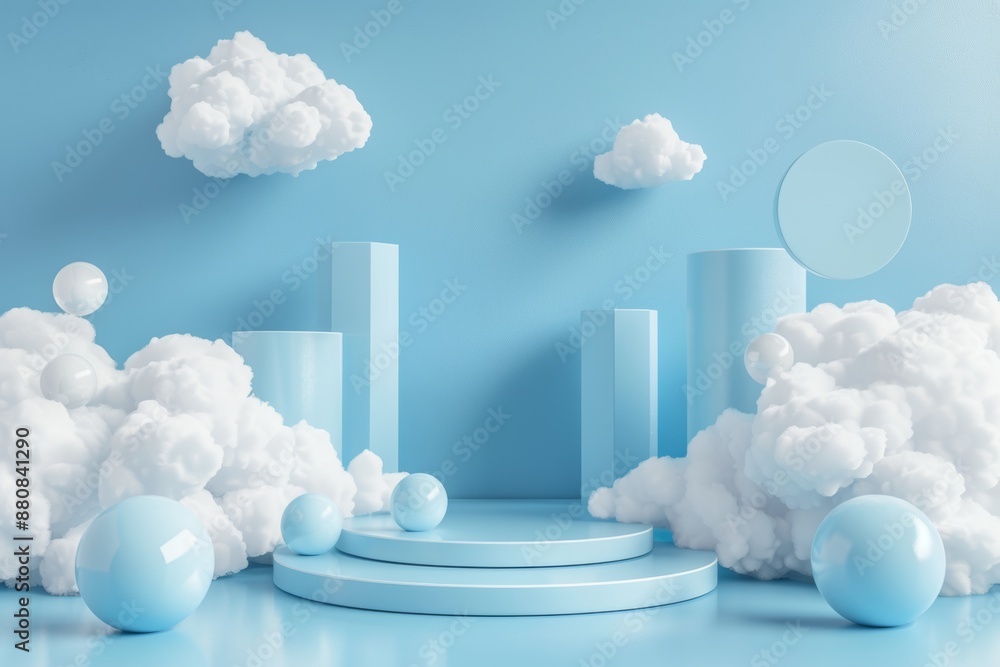 Wall mural Podium and podium with cloud scene, cloud display background for product presentation. Podium, pedestal, layout, template for a modern presentation.