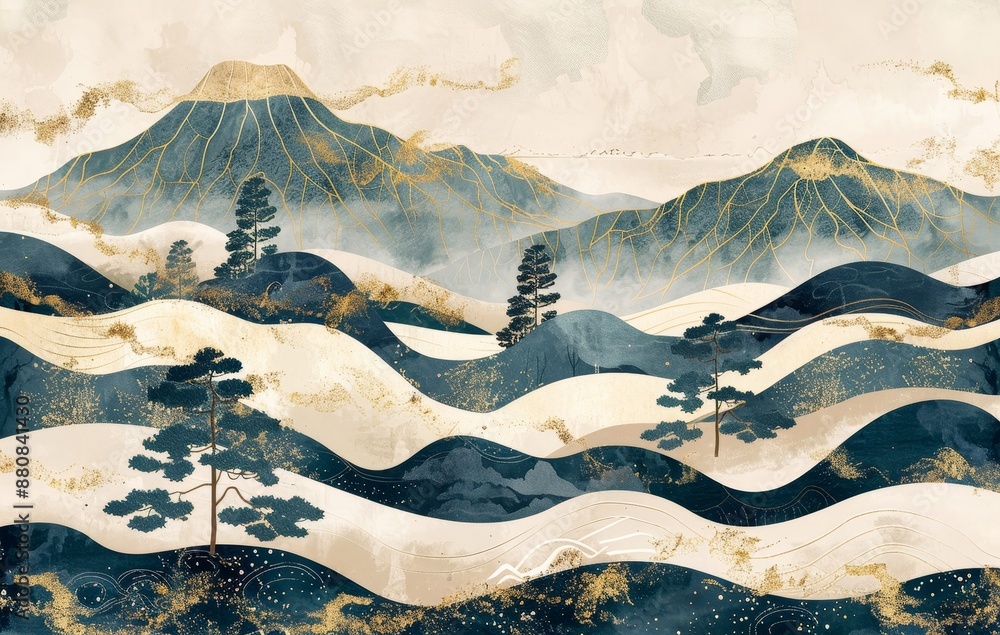 Canvas Prints The illustration shows a minimalist mountain landscape with a watercolor gold brush and texture in the traditional style of the Japanese Oriental.