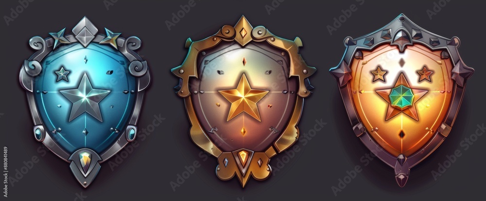 Poster decorative gold and silver frames with precious stones in medieval style badges for game interface d