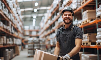 Fototapeta premium A cheerful warehouse worker wearing safety gear handles packages with a smile, embodying efficiency, dedication, and the dynamics of industrial logistics in a modern facility