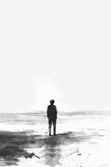 A black and white sketch of a person standing on the beach looking at the ocean