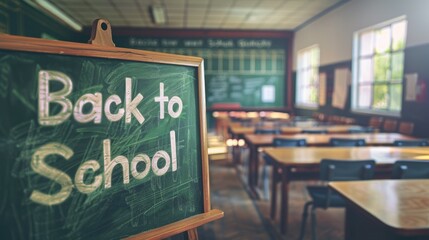 A green chalkboard in a classroom with the writing "Back to School" 