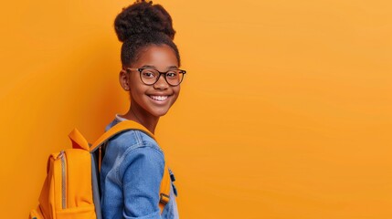 back to school, cute black girl smiling with a backpack, glasses, plain background