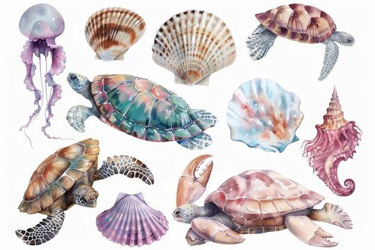 Sea turtle, fishes, stingrays, octopuses, crabs, jellyfish, sea horses, seashells in 3D style. Isolated modern illustration.