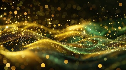 Abstract Golden Green Glitter Background with Bokeh and Shimmering Lights
