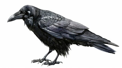 Fototapeta premium Black raven clipart, Halloween element, watercolor style, isolated on white background
