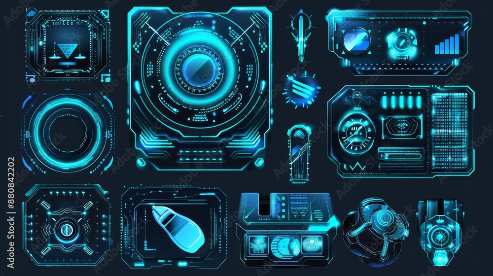 Poster An abstract technology UI with hologram elements of digital data chart.UI for game background design. Technology background. Digital data. Stock UI.