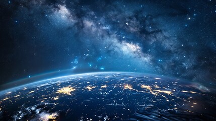 Obraz premium Half-night and half-day Earth with city lights, clouds and stars in space. Stock photo