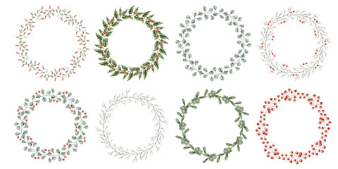 New Years Christmas hand drawn watercolor set of wreathes