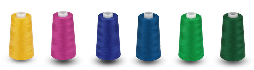 Spool thread collection. Rainbow colors thread isolated. Thread plastic spool. Collection of cutout...