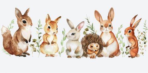 In this Safari Animal set, we have rabbits, foxes, bunnies, bears, squirrels, hedgehogs, birds, hares, raccoons, sparrows, all in watercolor style. Stock image.