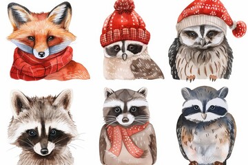 Fototapeta premium Wildlife set with foxes, raccoons, and other animals in red scarves and hats. Isolated. Stock photo.
