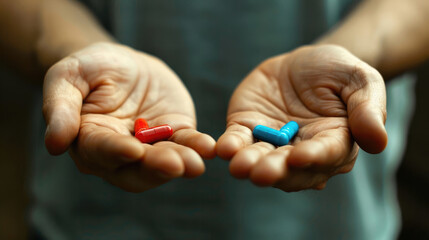 Man's Hands with Red and Blue Pills, Depicting Choice