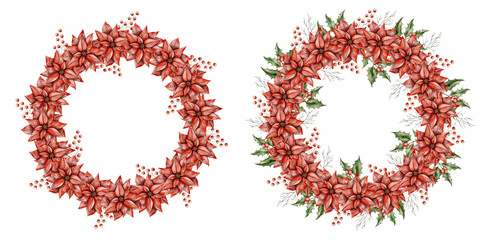 New Years Christmas hand drawn watercolor wreathes of poinsettia, holly branch, branch of tree without leaves and branch with berries