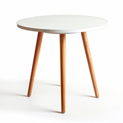 White background with a round coffee table that has wooden legs.