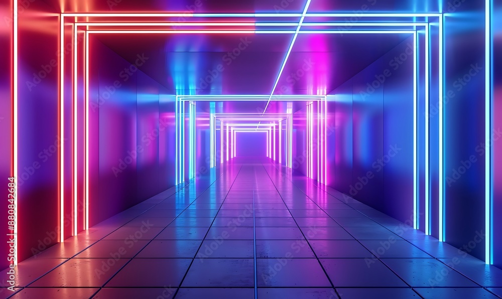 Poster empty futuristic illuminated corridor with neon light background, generative ai