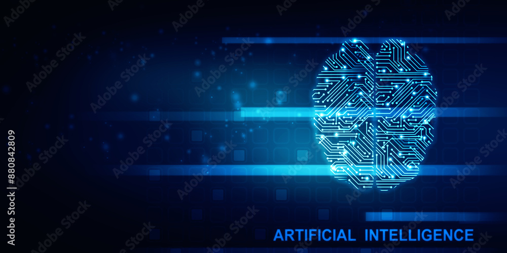 Poster 2d illustration concept of thinking, background with brain, abstract artificial intelligence. techno
