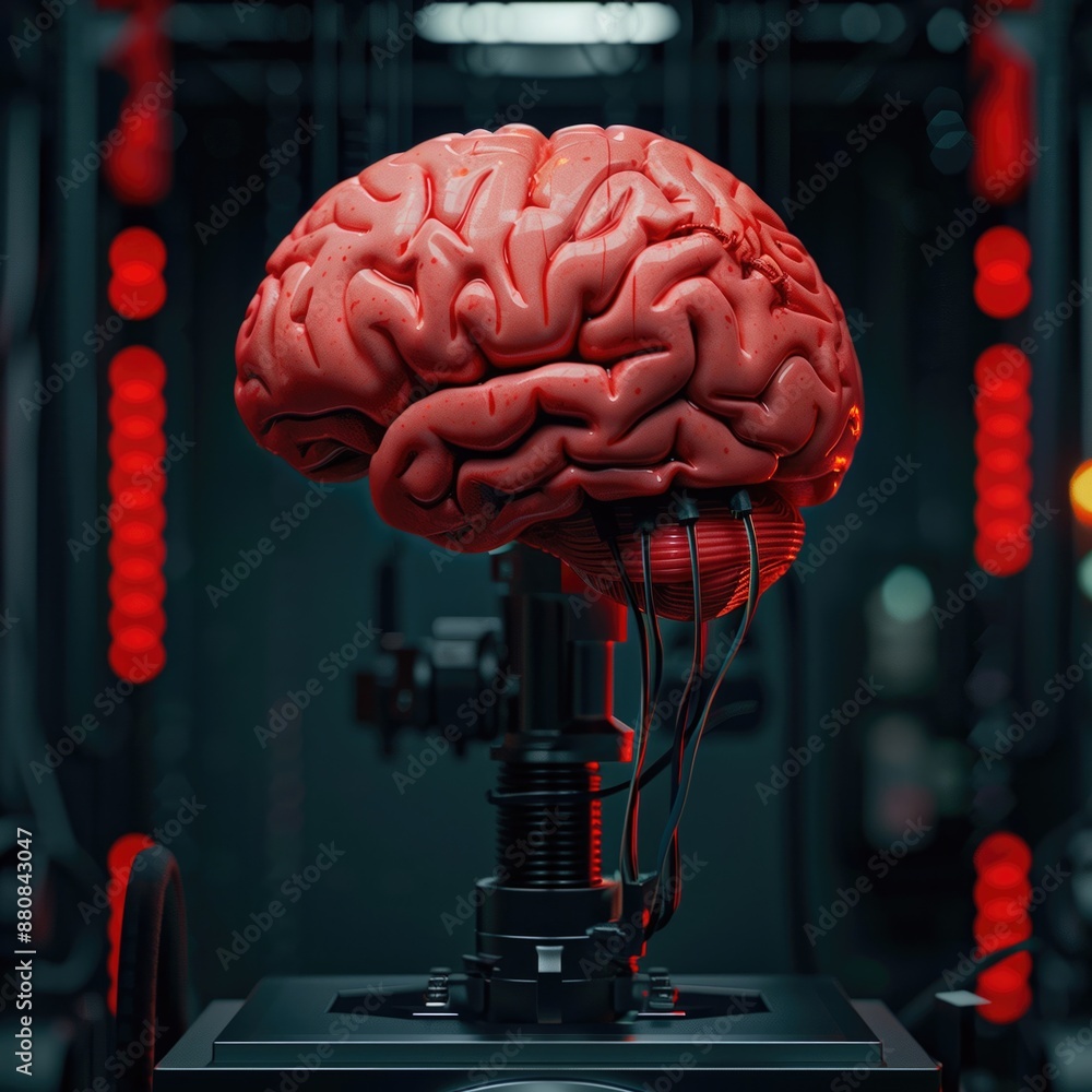 Poster artificial intelligence brain model with red neural connections in a high-tech laboratory setting, s