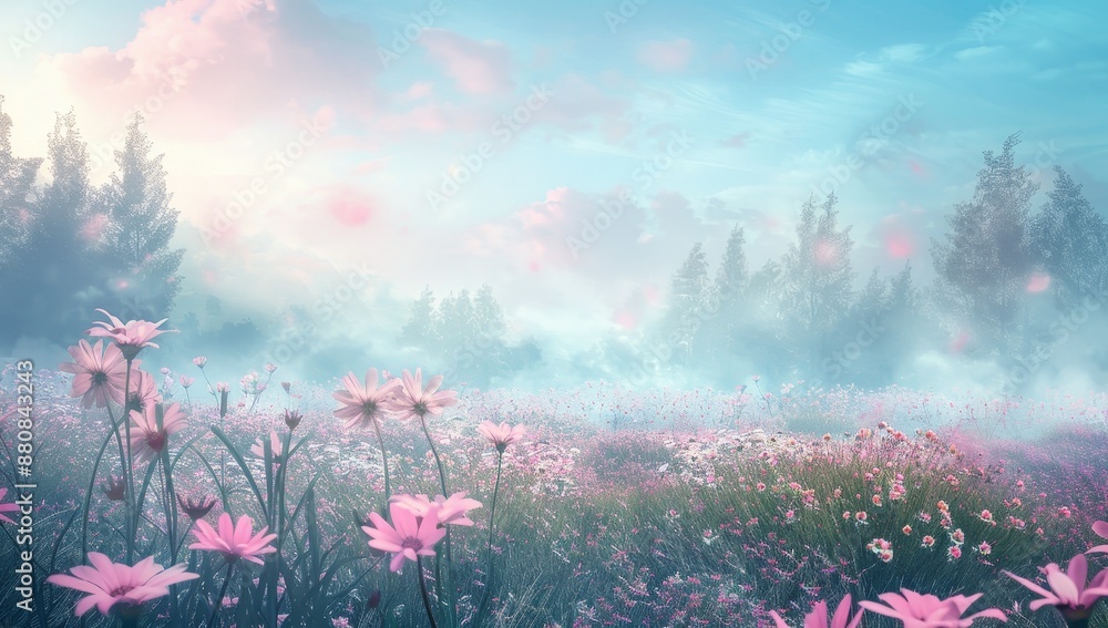 Poster green meadow with trees and shrubs in the evening with a sky full of pink clouds