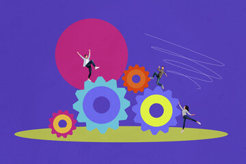 Trend artwork image collage of purple vibrant color workspace business cooperation cogwheel gear team young man lady progress project