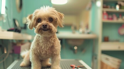Adorable dog on grooming table with scissors nearby