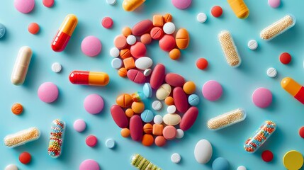 A bright and engaging visual concept featuring a dollar sign made of assorted colorful pills and tablets The design includes a turquoise background