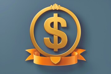 Gold dollar sign with ribbon, award for financial achievement, flat design illustration