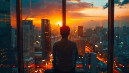 Fototapeta premium A man just sits by the window and looks at the city view.