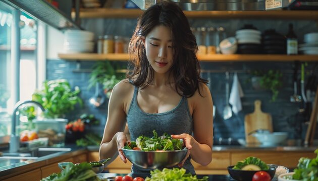 full body korea women wears red sports, showing off her six-pack abs, making salad in the kitchen
