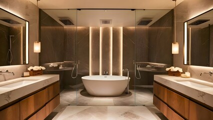 A modern aesthetic luxurious bathroom with a freestanding bathtub, a walk-in rain shower, and double vanities with sleek, clean lines.