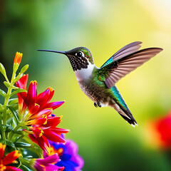 Naklejka premium The colorful Hamim bird is sitting very nicely, the bird has come to take honey from the flower, Generative AI 