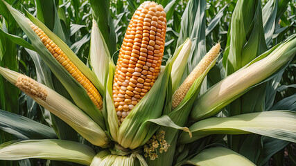 Obraz premium A bush of corn with its flower and cob, centered, perfect composition, abstraction, surrealism.