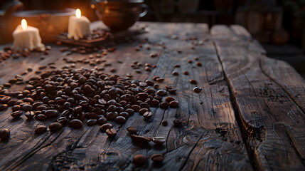 A pile of coffee beans on a wooden table with candles in the background