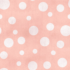 Seamless pattern of white polka dots on pastel pink watercolor textured background. Abstract geometric dots pattern Abstract geometric dots pattern for textile, web design. Hand-drawn illustration. © Elena Valeto