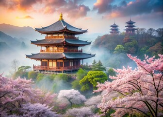 Fototapeta premium Serenely majestic Asian temple stands amidst blooming sakura trees, enveloped in misty haze, exuding harmony between nature's breathtaking beauty and spiritual essence.