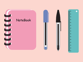 A Set of School elements such as Notebook, Ruler, Red Ballpoint Pen, and Blue Ballpoint Pen in a Flat Design minimal stationery concept, Vector