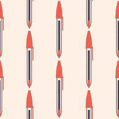 A seamless pattern of red Ballpoint pen on a cream background in a Speckle Spray Paint Art Style school concept, illustration