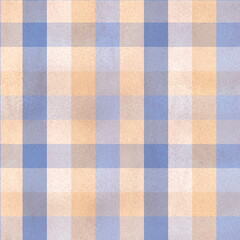 Seamless plaid checkered pattern with blue, yellow and beige stripes with watercolor texture. Abstract geometric background. For textile, wrapping paper, web design. Hand-drawn illustration.