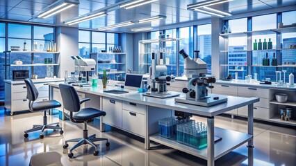Modern laboratory workstation filled with advanced biotechnology equipment, microscopes, petri dishes, and various scientific tools for medical research and analysis.