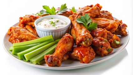 Fototapeta premium Crispy fried chicken wings smothered in vibrant spicy buffalo sauce, served with creamy blue cheese dressing and crunchy celery sticks on a white background.