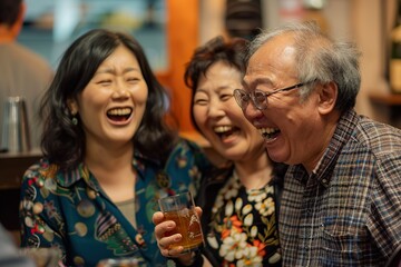 Obraz premium Asian adults laughing and drinking having fun at a party in a bar