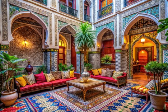 Vibrant colors and intricate patterns adorn a serene Moroccan riad, showcasing ornate furnishings, lavish textiles, and exquisite tilework, epitomizing Arabian elegance and warm hospitality.