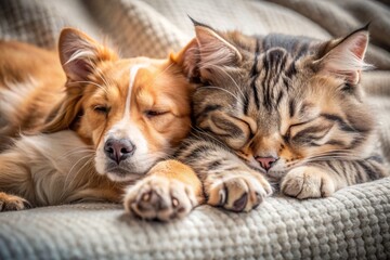 Adorable cat and dog duo snuggled up together, paws entwined, in a heartwarming display of friendship and tranquility as they snooze in perfect harmony.