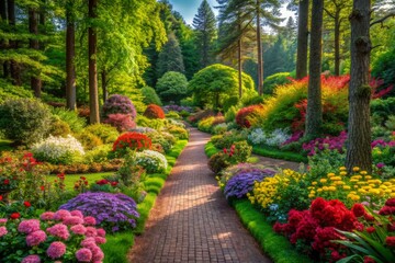 Serene winding path meanders through vibrant floral arrangements, lush greenery, and towering trees, inviting exploration of nature's tranquil and majestic beauty.