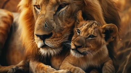 Fototapeta premium lion family The lion catches the lion cub with its paws.