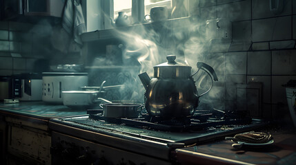 A black tea kettle sits on a stove burner, with steam rising from it