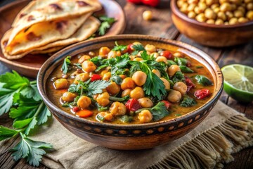 Vibrant colors of chickpea and spinach stew steam in a decorative bowl, garnished with fresh herbs and pita bread, perfect for a nourishing Ramadhan iftar meal.