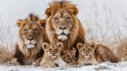 lion family with 3 cubs in white