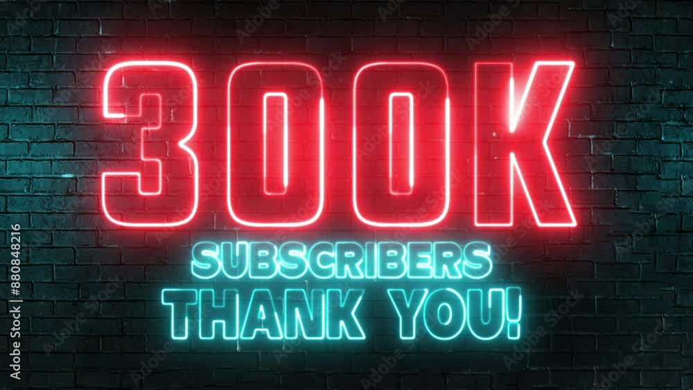 Poster 300k subscribers thank you text font with light. luminous and shimmering haze inside the letters of 